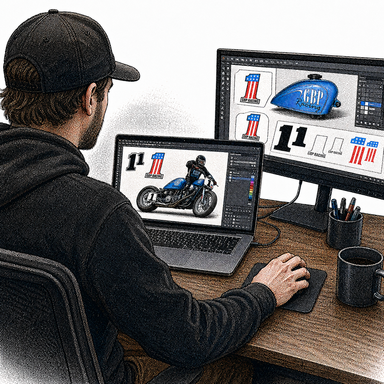 Produktion av nya tankdekaler och startnummer för GBP Racing