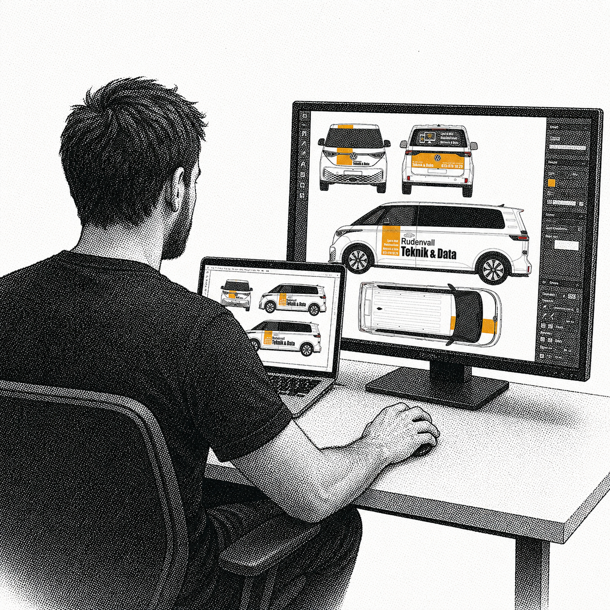 Designer arbetar med dekorlayout på dator